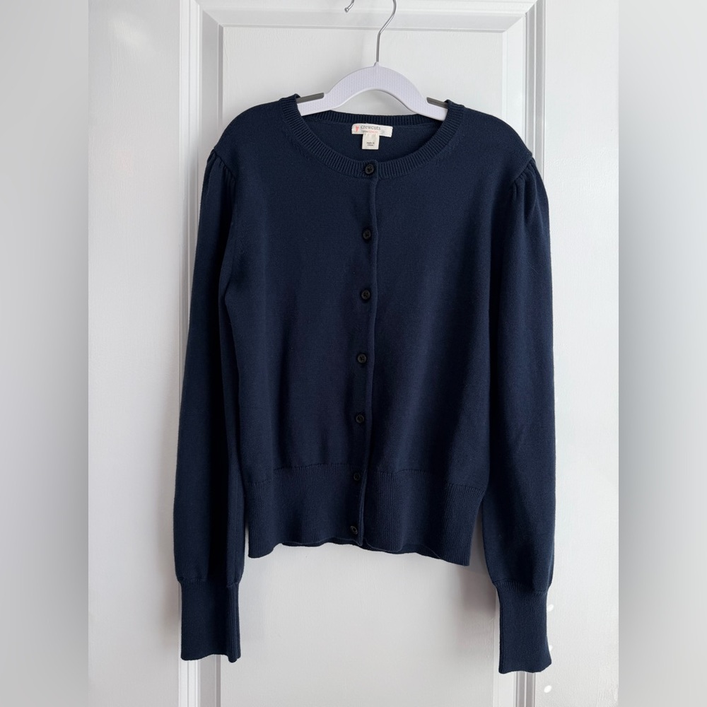 J. Crew Crewcuts Girls Puff-Sleeve Cotton Cardigan Sweater Navy Blue Sz L/10-11